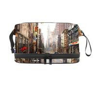 New York City Street Oil Painting Double Layer Cosmetic Bag for Women and Girls, Travel Toiletry Bag Makeup Handy Pouch Organiser Bag with Brush Compartment