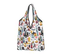 New York City Street Scene Print Reusable Grocery Bags Shopping Bags - Foldable Grocery Bag Tote Bag with Handles, Black, 3 PCS