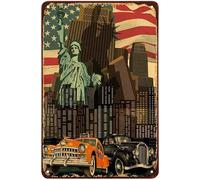 New York City Taxi Car Tin Sign,America Flag Auto Skyscraper Travel Freedom Statue Of Liberty Vintage Metal Tin Signs for Cafes Bars Pubs Shop Wall Decorative Funny Retro Signs 8x12 Inch