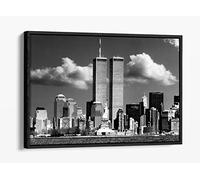 New York City Twin Towers Vintage Nyc - Canvas Floater Frame Print Picture Art - Black Frame 30 inch wide x 20 inch high