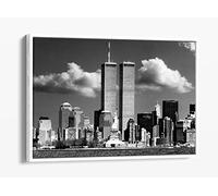 New York City Twin Towers Vintage Nyc - Canvas Floater Frame Print Picture Art - White Frame 24 inch wide x 16 inch high