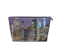 New York City Womens Makeup Bag Leather Travel Toiletry Organizer Wash Bag Cosmetic Pouch with Zipper Girls Handbag Silver