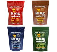 New York Delhi King Cashews, Selection Box 1 of each Hot Chilli, Salt and Pepper, Sour cream & onion, caramelised honey Oven Baked Cashew nuts, Vegan, Vegetarian & Gluten Free. 120g x 4 Packs