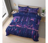 New York Duvet Cover Set King Size, Landscape Neon City Bedding Set 230x220 cm, Quilt Cover with 2 Pillowcases, Soft Microfiber 3pcs, Zip 21D&-31
