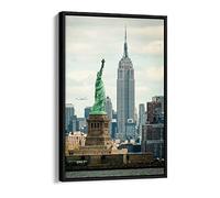 New York Empire State Liberty Vintage Nyc Canvas Floater Frame Print Picture Art - Black Frame 16 inch wide x 24 inch high