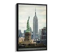 New York Empire State Liberty Vintage Nyc Canvas Floater Frame Print Picture Art - Black Frame 20 inch wide x 30 inch high