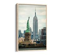 New York Empire State Liberty Vintage Nyc Canvas Floater Frame Print Picture Art - Light Oak Frame 20 inch wide x 30 inch high