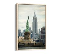 New York Empire State Liberty Vintage Nyc Canvas Floater Frame Print Picture Art - Light Oak Frame 24 inch wide x 36 inch high