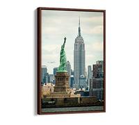 New York Empire State Liberty Vintage Nyc Canvas Floater Frame Print Picture Art - Walnut Frame 8 inch wide x 12 inch high