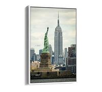 New York Empire State Liberty Vintage Nyc Canvas Floater Frame Print Picture Art - White Frame 12 inch wide x 18 inch high