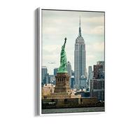 New York Empire State Liberty Vintage Nyc Canvas Floater Frame Print Picture Art - White Frame 20 inch wide x 30 inch high