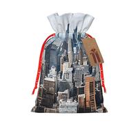 (New York Fashion City) Print Christmas New Year Candy Gift Bag, Red Xmas Ribbon Drawstring Bags for Kids Xmas Holiday Eve Presents M Size