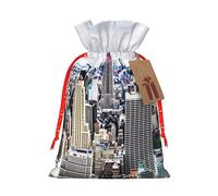 New York Fashion City Printed Christmas Drawstring Bags Reusable Bag for Party Xmas Gift Wrapping, Red Ribbon, S