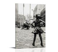 New York Fearless Girl Facing Wall Street Copper Bull Statue Black and White Poster Decorative Painting Canvas Wall Art Living Room Poster Bedroom Painting Wall Art Picture Print Modern Family Room