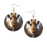 New York Giraffe Street Round Leather Earrings Gold, Double-Side Printed Drop Dangle Jewelry for Women, for Festival Party Gift