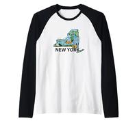 New York Illustration Vintage Map Landmarks Adventure Raglan Baseball Tee