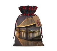 New York Manhattan Bridge Night Print Christmas Drawstring Linen Gift Bags Reusable Fabric Bags With Tags For Christmas Gifts