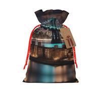 New York Manhattan Bridge Night Print Festive Red Drawstring Bag, Small Favors Pouch Ideal For Christmas Party Gifting-S Size