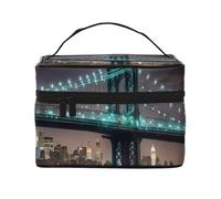 New York Manhattan Bridge Night Print Portable Travel Versatile Zipper Makeup Case for Large Capacity Makeup Bag, Polyester, Black, One Size, Black/White, One Size