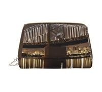 (New York Manhattan Bridge Night) Print Pu Leather Makeup Bag with Zipper Pocket Compact Organizer for Travel/Purse
