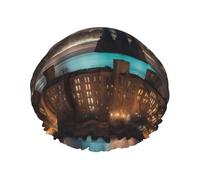 New York Manhattan Bridge Night Print Reusable Spa Salon Shower Cap For All Hair Lengths With Lining Elastic Band