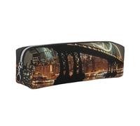 New York Manhattan Bridge Night Printed Leather Pencil Case Cute Stationery Organizer Simple Makeup Bag Pen Pouch, Silver Zipper
