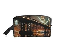 New York Manhattan Bridge Night Printed Makeup Bag Travel Portable Cosmetic Bag Large Capacity Makeup Case Toiletry Handbag Organiser for Women