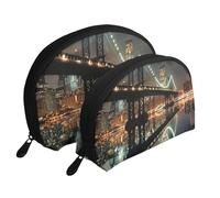 New York Manhattan Bridge Night Printed Makeup Bags 2-Piece Portable Shell Travel Toiletry Bag Cosmetic Organizer Bag for Women