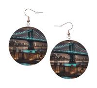 New York Manhattan Bridge Night Printed Round Earrings For Women, 1 Pair Lightweight Leather Pierced Earrings Set Trendy Jewelry Gifts For Women Girls