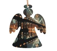 New York Manhattan Bridge Night Printed Wooden Angel-Shape Christmas Decorations 2 PCS Christmas Tree Decorations Holiday Hanging Decor