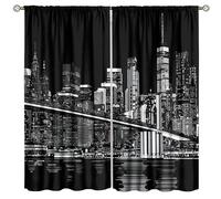 New York Night Decor Curtains for Bedroom,Hand Drawn Simple Black Manhattan City Architecture Bridge Tall Building Landscape Print Window Drapes Print for Boys Girls Living Room Bathroom 42x45in