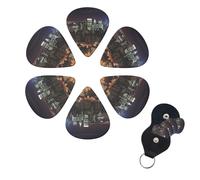 New York Night Guitar Picks 6 Pack, 0.96mm Thickness Celluloid Bass Pick with Leather Guitar Pick Holder Keychain Abstract Art Pics Plectrum for Acoustic Electric Guitar, Ukulele, Bass