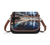 New York Night Leather Crossbody Bag for Women Medium Trendy Crossbody Purse with Adjustable Strap Multifunctional Flapover Shoulder Handbag Zip Pocket Large Capacity