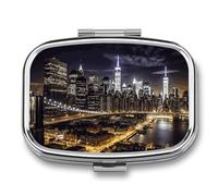 New York Night Pill Box 2 Compartment, Portable Pill Case with Mirror for Pocket Purse Travel, Mini Metal Medicine Organizer for Vitamins Fish Oil