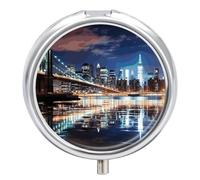 New York Night Pill Box 3 Compartment Waterproof Pill Case with Mirror Round Container Metal Medicine Box Organizer Portable Vitamin Case for Pocket & Purse Travel