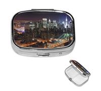 New York Night Pill Box with Mirror 2 Compartment Decorative Pill Case for Purse or Pocket Small Square Pill Organizer Weekly Metal Medicine Tablet Vitamin Holder Travel Gift