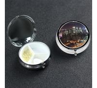 New York Night Pill Box with Mirror 3 Compartment Decorative Pill Case for Purse or Pocket Small Round Pill Organizer Weekly Metal Medicine Tablet Vitamin Holder Travel Gift