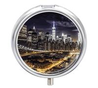 New York Night Pill Case with 3 Compartments - Portable Travel Pill Organizer for Purse, Easy-Open Button Design, Small Round Pillbox Vitamin Holder Organizer for Women Men