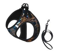 New York Night Print Adjustable Reflective Harness Leash Set For Cats, Dogs And Small Pets, Soft Breathable Mesh Walking Vest With Escape-Proof Lead