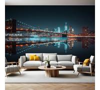 New York Night Scene Wall Murals for Living Room Brooklyn Bridge 3D Print Photo Wallpaper Luxury Design Modern Non-Woven Wall Mural Sofa TV Kids Bedroom Decoration 200 x 140cm