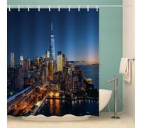 New York Night View Shower Curtain 90x180 cm Urban Architecture Shower Curtain Set Waterproof Mould-Resistant Bathroom Curtain Washable With Hooks W 47.2" X L 70.9" for Wet Room A.1010