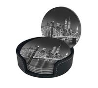 New York Print Chic Round Leather Coasters â€“ Set Of 6 Full-Print Coasters In A Premium Pu Leather Storage Box