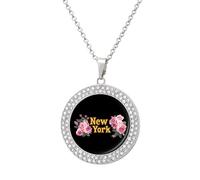 New York Roses State Flower Women's Custom Pendant Necklace Round Diamond Necklaces Jewelry Gifts for Men Birthday