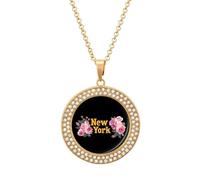 New York Roses State Flower Women's Custom Pendant Necklace Round Diamond Necklaces Jewelry Gifts for Men Birthday