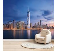 New York Skyline Night Architecture Photo Mural - 300 x 210 cm Non-Woven Premium Wall Mural - High Definition Art Print Teen Bedroom Game Room Decoration Environmental Friendly Photo Wallpaper