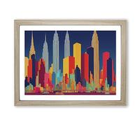 New York Skyline Retro Abstract Framed Print | A4 Oak Framed Wall Art | Ready to Hang | Retro Cityscape Picture | Living Room Bedroom Lounge Office