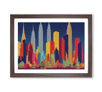 New York Skyline Retro Abstract Framed Print | A4 Walnut Framed Wall Art | Ready to Hang | Retro Cityscape Picture | Living Room Bedroom Lounge Office