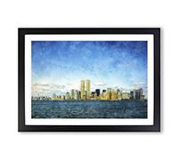 New York Skyline with The Twin Towers Painting Framed Print | A2 Black Framed Wall Art | Ready to Hang | Modern Cityscape Picture | Living Room Bedroom Lounge Office