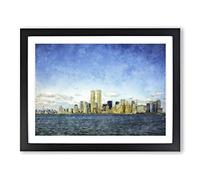 New York Skyline With The Twin Towers Painting Modern Art Framed Print | A2 Black Framed Wall Art | Ready to Hang | Modern Cityscape Picture | Living Room Bedroom Lounge Office