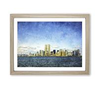 New York Skyline With The Twin Towers Painting Modern Art Framed Print | A2 Oak Framed Wall Art | Ready to Hang | Modern Cityscape Picture | Living Room Bedroom Lounge Office